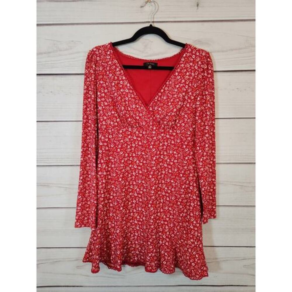 City Studio Women's Red Ditzy Floral V-Neck Long Sleeve Dress Size M